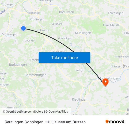 Reutlingen-Gönningen to Hausen am Bussen map