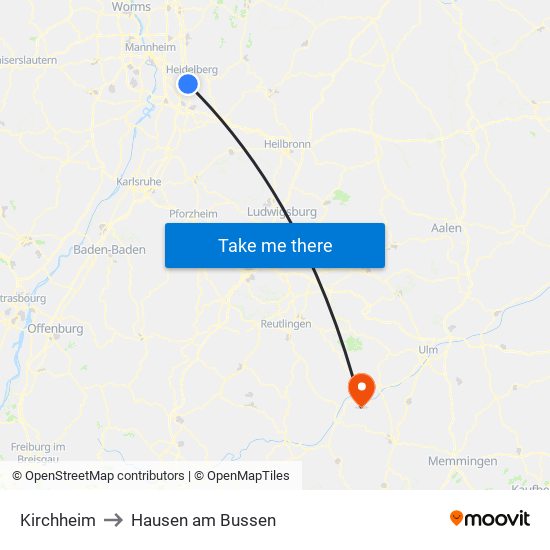 Kirchheim to Hausen am Bussen map