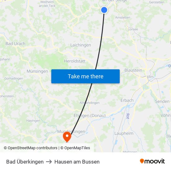 Bad Überkingen to Hausen am Bussen map