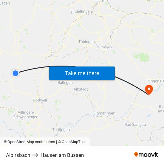 Alpirsbach to Hausen am Bussen map