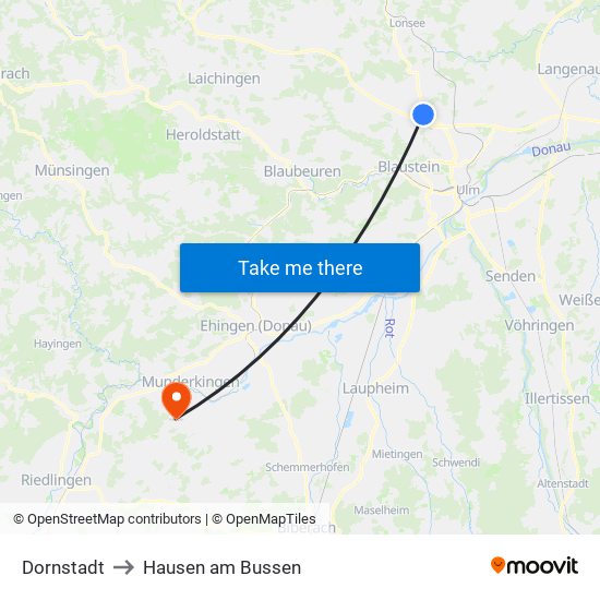 Dornstadt to Hausen am Bussen map