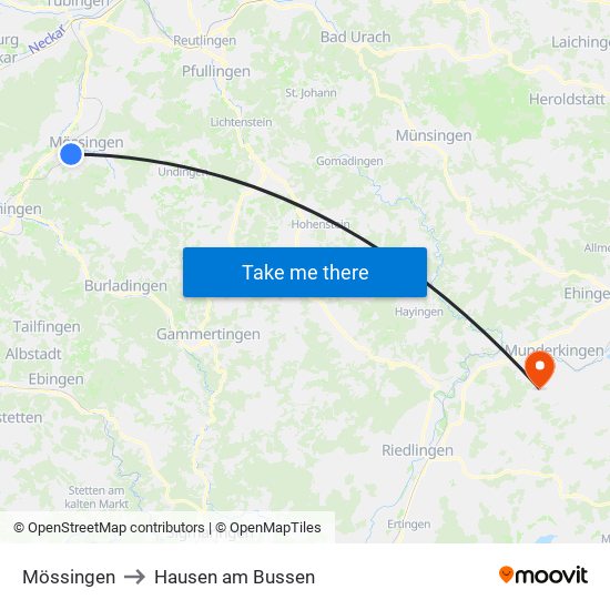 Mössingen to Hausen am Bussen map