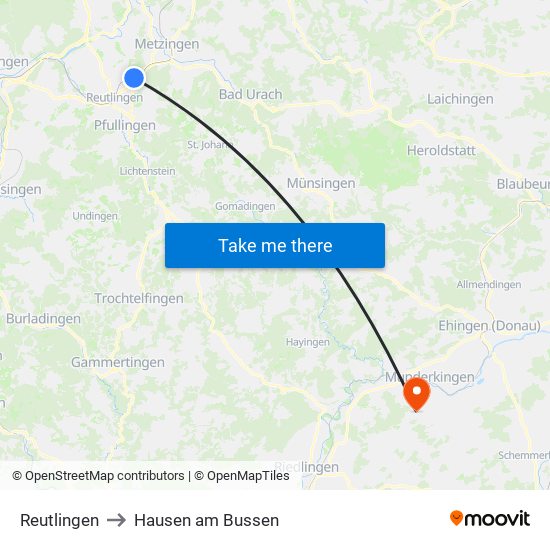 Reutlingen to Hausen am Bussen map