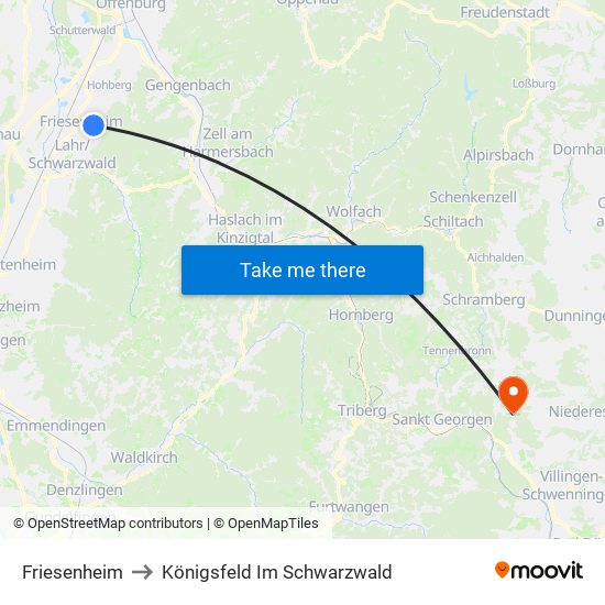 Friesenheim to Königsfeld Im Schwarzwald map