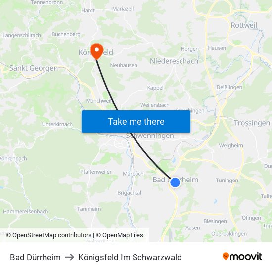 Bad Dürrheim to Königsfeld Im Schwarzwald map