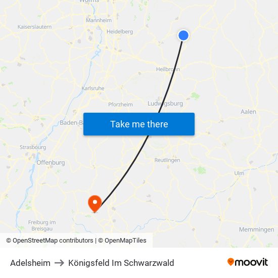 Adelsheim to Königsfeld Im Schwarzwald map