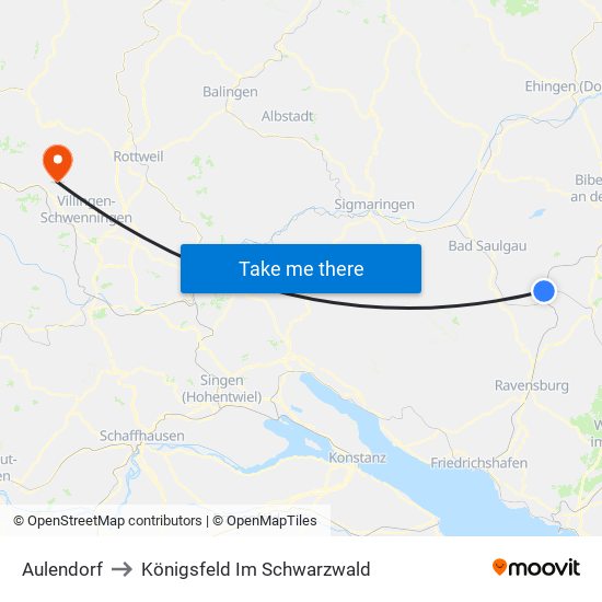 Aulendorf to Königsfeld Im Schwarzwald map