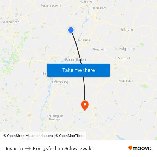 Insheim to Königsfeld Im Schwarzwald map