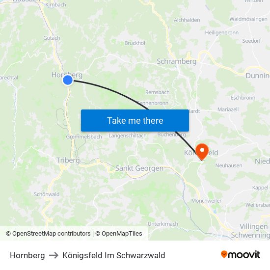 Hornberg to Königsfeld Im Schwarzwald map