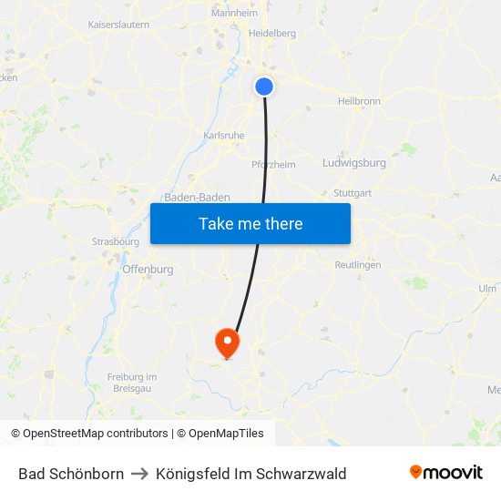 Bad Schönborn to Königsfeld Im Schwarzwald map