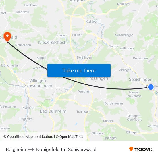 Balgheim to Königsfeld Im Schwarzwald map