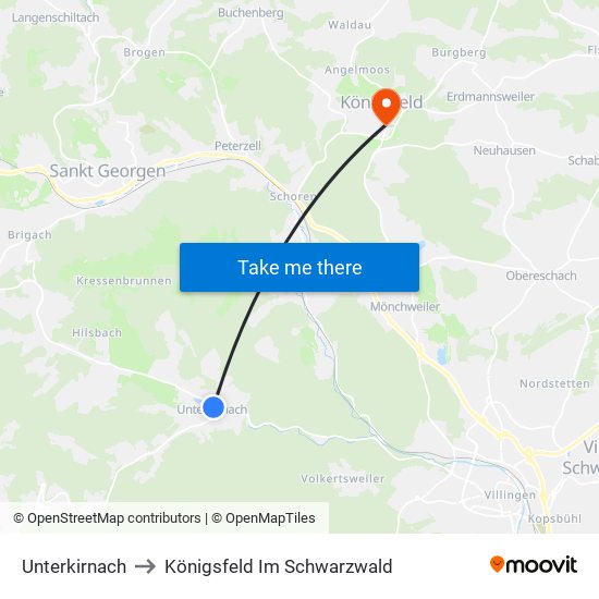 Unterkirnach to Königsfeld Im Schwarzwald map