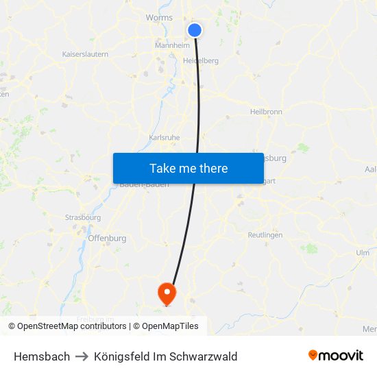 Hemsbach to Königsfeld Im Schwarzwald map
