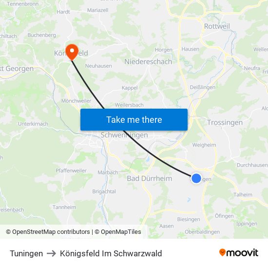 Tuningen to Königsfeld Im Schwarzwald map