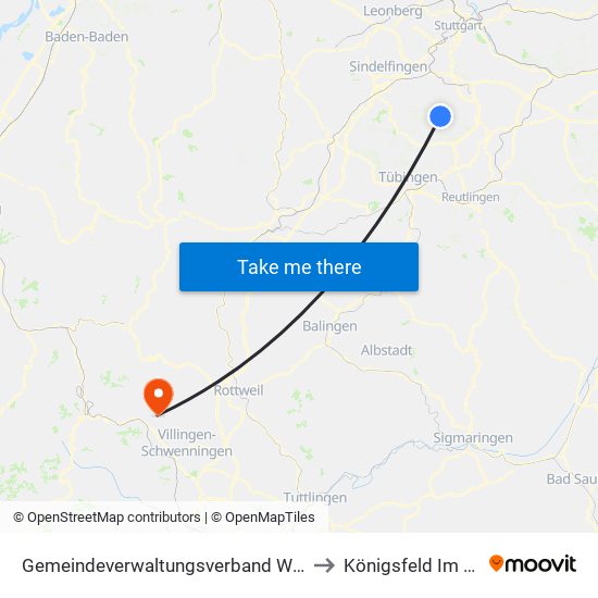 Gemeindeverwaltungsverband Waldenbuch/Steinenbronn to Königsfeld Im Schwarzwald map