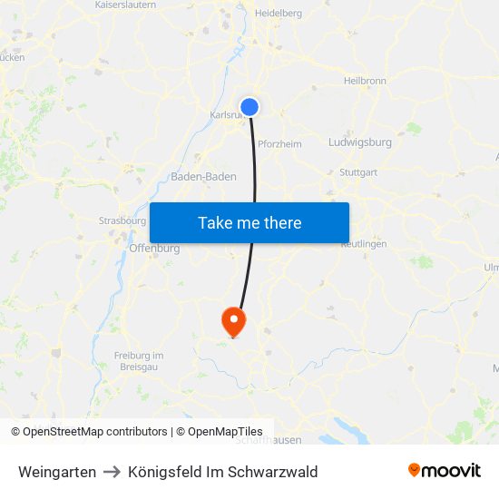 Weingarten to Königsfeld Im Schwarzwald map