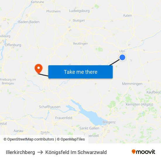 Illerkirchberg to Königsfeld Im Schwarzwald map
