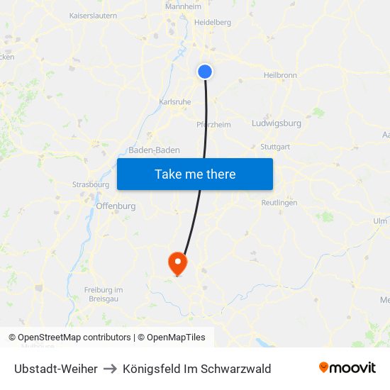 Ubstadt-Weiher to Königsfeld Im Schwarzwald map