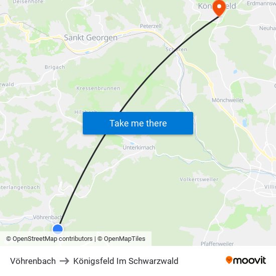 Vöhrenbach to Königsfeld Im Schwarzwald map