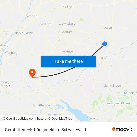 Gerstetten to Königsfeld Im Schwarzwald map