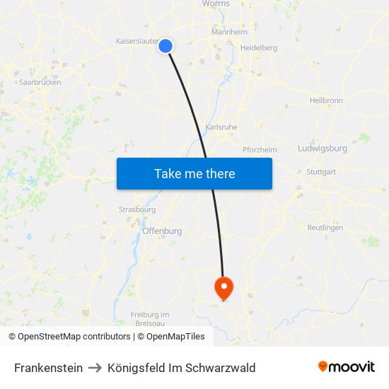 Frankenstein to Königsfeld Im Schwarzwald map