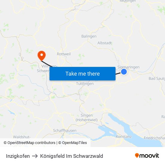 Inzigkofen to Königsfeld Im Schwarzwald map