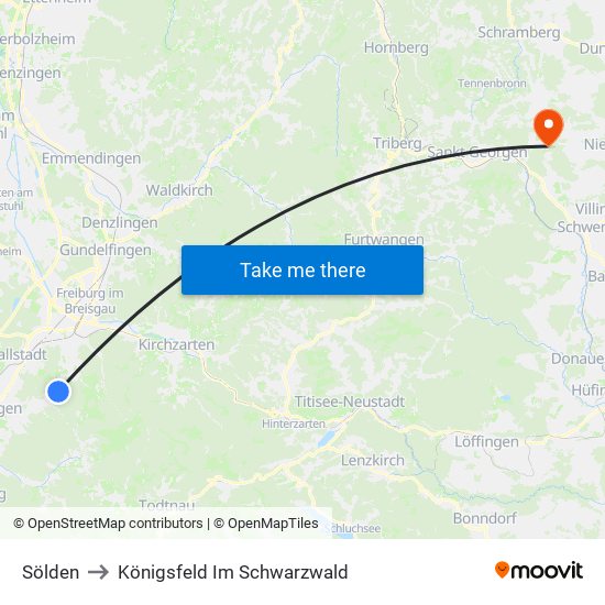 Sölden to Königsfeld Im Schwarzwald map