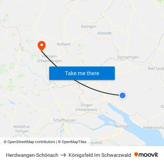 Herdwangen-Schönach to Königsfeld Im Schwarzwald map