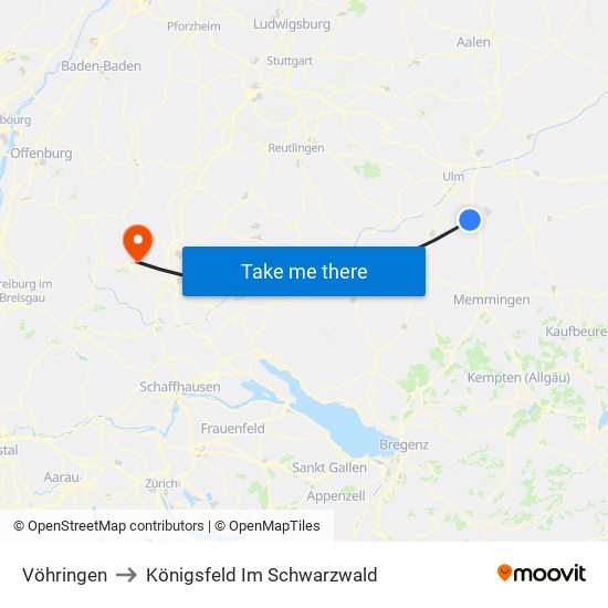 Vöhringen to Königsfeld Im Schwarzwald map