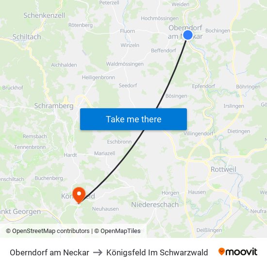 Oberndorf am Neckar to Königsfeld Im Schwarzwald map