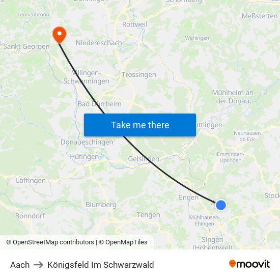 Aach to Königsfeld Im Schwarzwald map
