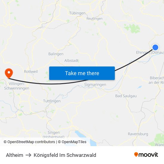 Altheim to Königsfeld Im Schwarzwald map