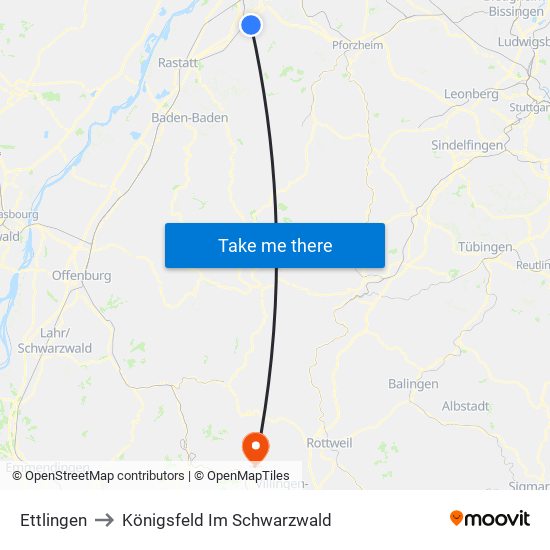 Ettlingen to Königsfeld Im Schwarzwald map