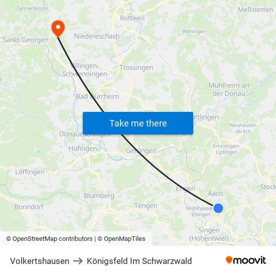 Volkertshausen to Königsfeld Im Schwarzwald map