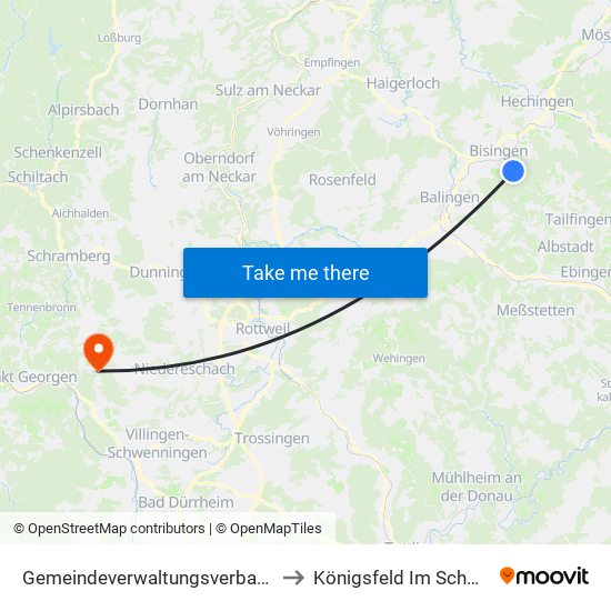 Gemeindeverwaltungsverband Bisingen to Königsfeld Im Schwarzwald map