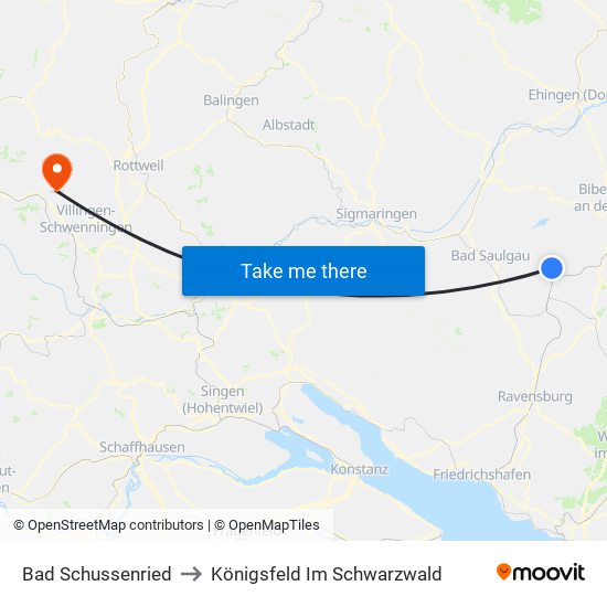 Bad Schussenried to Königsfeld Im Schwarzwald map