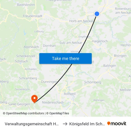 Verwaltungsgemeinschaft Horb am Neckar to Königsfeld Im Schwarzwald map