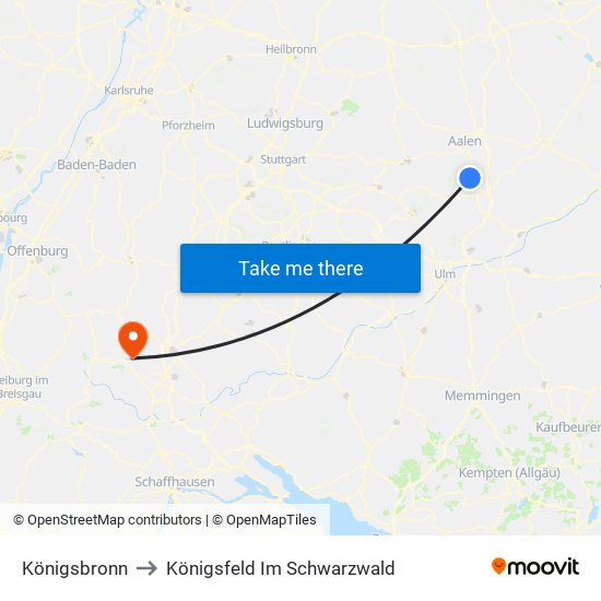 Königsbronn to Königsfeld Im Schwarzwald map