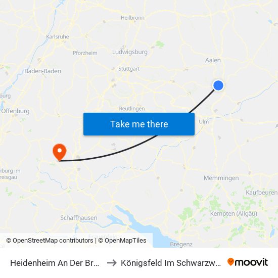 Heidenheim An Der Brenz to Königsfeld Im Schwarzwald map