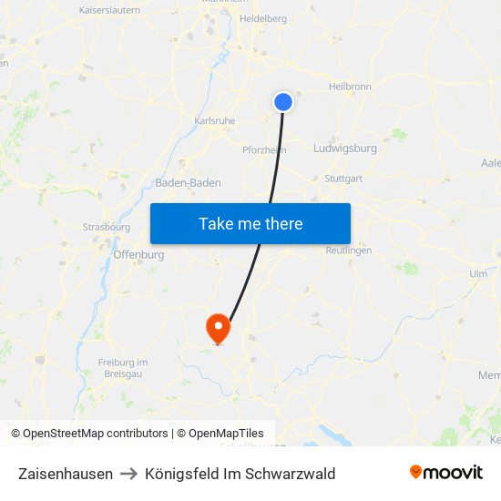 Zaisenhausen to Königsfeld Im Schwarzwald map