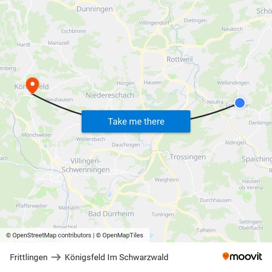 Frittlingen to Königsfeld Im Schwarzwald map