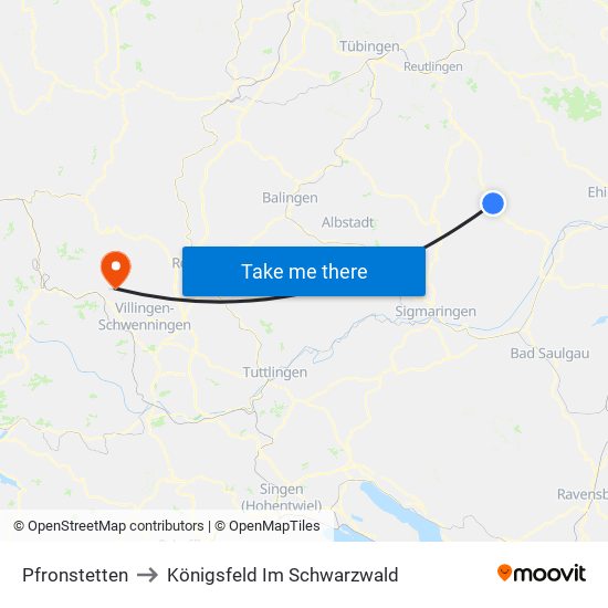 Pfronstetten to Königsfeld Im Schwarzwald map