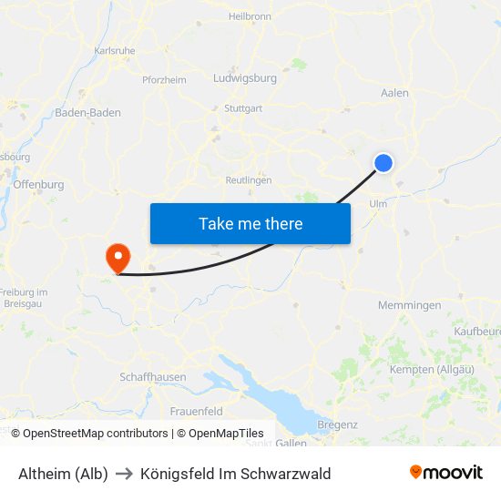 Altheim (Alb) to Königsfeld Im Schwarzwald map