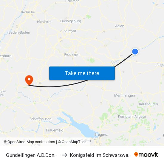 Gundelfingen A.D.Donau to Königsfeld Im Schwarzwald map