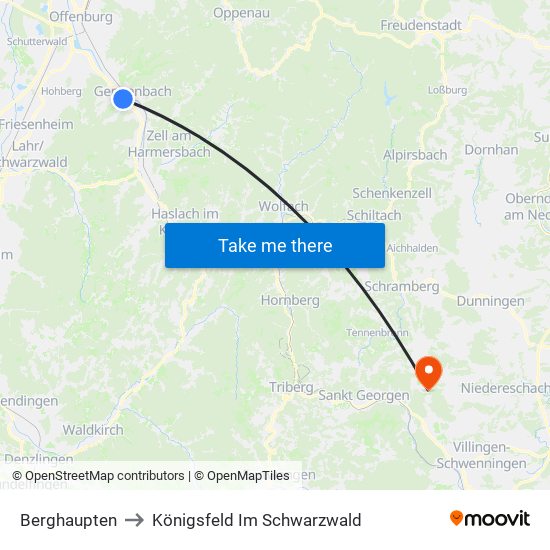 Berghaupten to Königsfeld Im Schwarzwald map