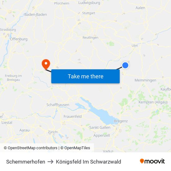 Schemmerhofen to Königsfeld Im Schwarzwald map