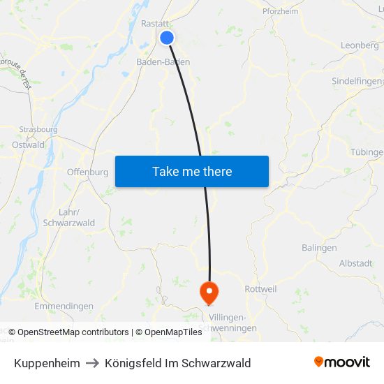 Kuppenheim to Königsfeld Im Schwarzwald map