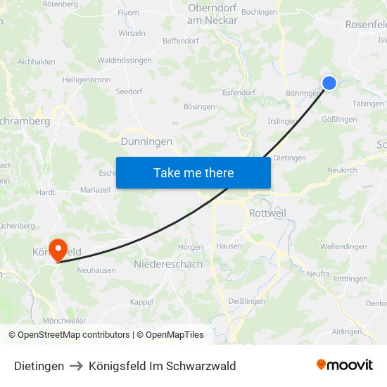 Dietingen to Königsfeld Im Schwarzwald map