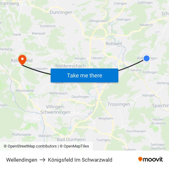 Wellendingen to Königsfeld Im Schwarzwald map