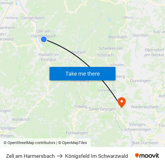 Zell am Harmersbach to Königsfeld Im Schwarzwald map
